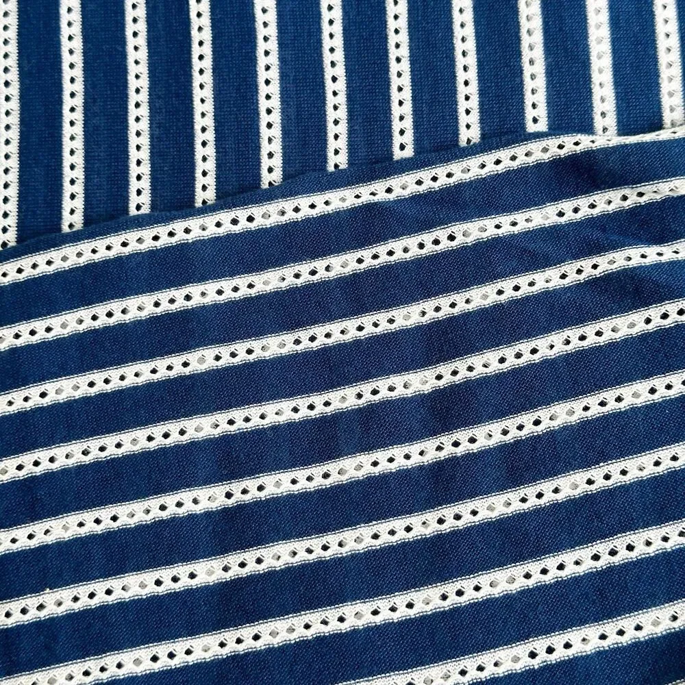 Navy Blue Stripe Knit Fabric Vintage 70s Knit PERFORATED Cotton Blend 53 x 63